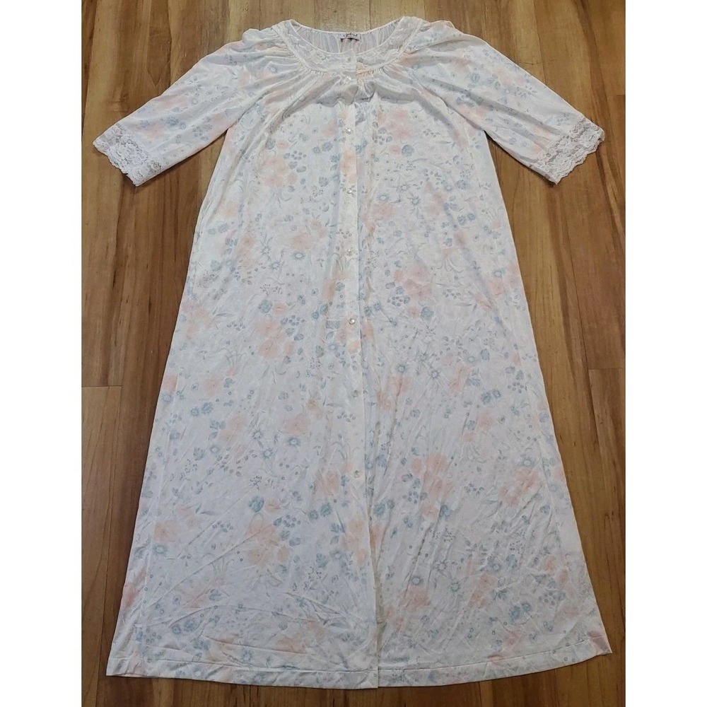 Vintage GILEAD 3/4 Sleeve White Pink Blue Floral Lace Button Down Robe Sz Large